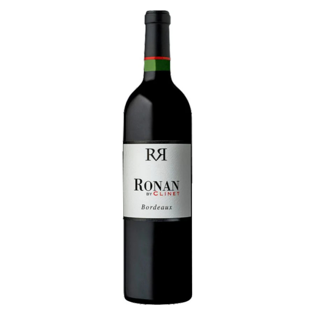 Garrafa do vinho tinto francês Ronan by Clinet Bordeaux Merlot, com rótulo clean e elegante em destaque.