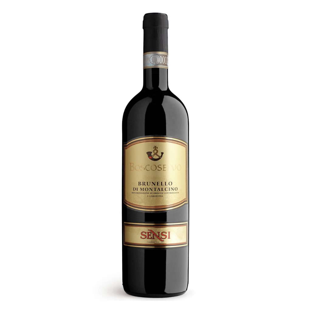 Garrafa do vinho tinto italiano Sensi Boscoselvo Brunello di Montalcino DOCG em fundo branco, destacando o rótulo e a cápsula.