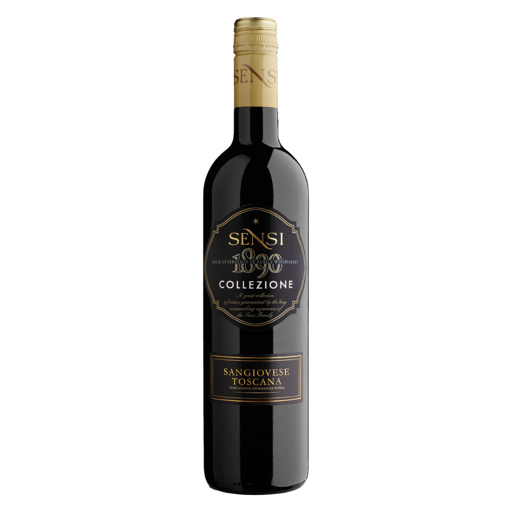 Garrafa do vinho tinto italiano Sensi Collezione Sangiovese Toscana IGT em fundo branco, destacando o rótulo da coleção.