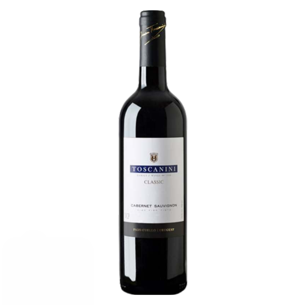 Garrafa do vinho tinto uruguaio Toscanini Classic Cabernet Sauvignon, produzido em Paso Cuello, Canelones, em fundo branco com destaque para o rótulo frontal.