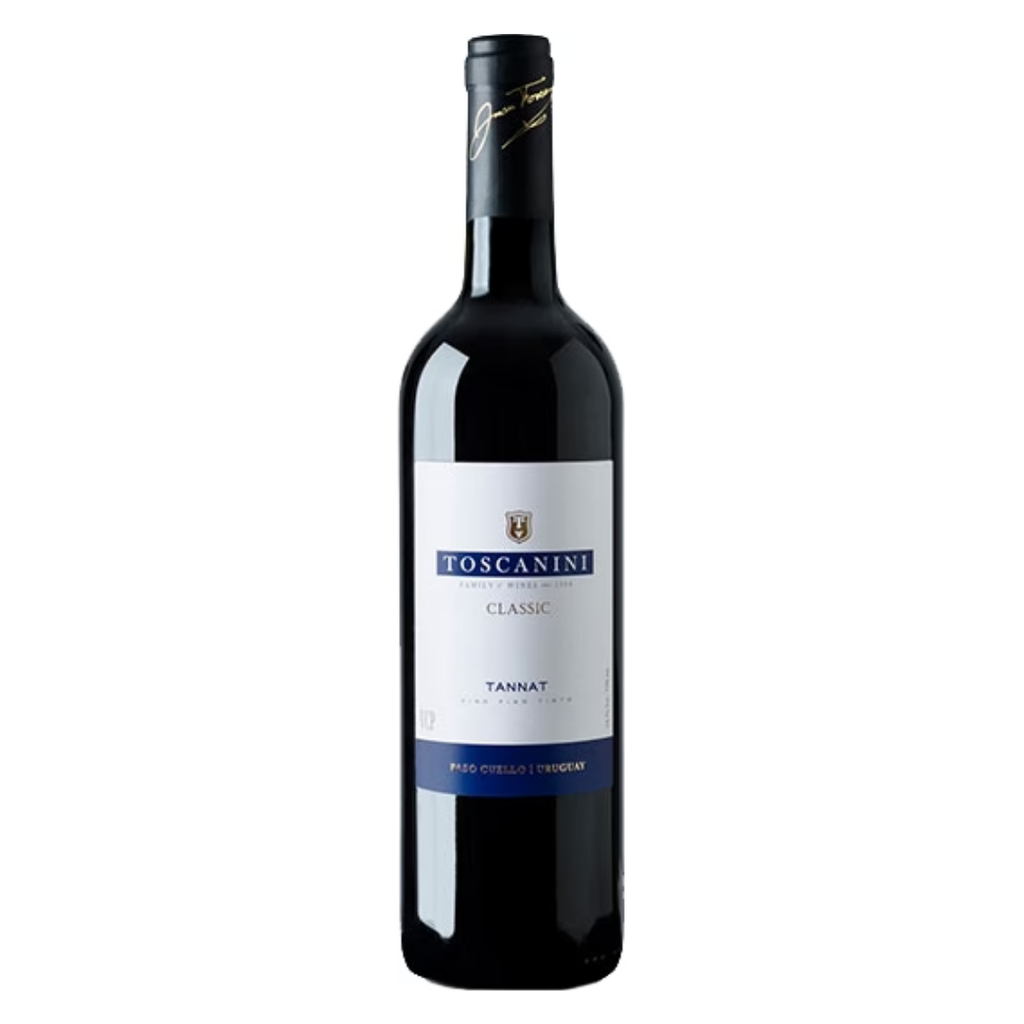 Garrafa do vinho tinto uruguaio Toscanini Classic Tannat 750ml em fundo branco, destacando o rótulo frontal com menção à Bodega Juan Toscanini e à região de Paso Cuello.