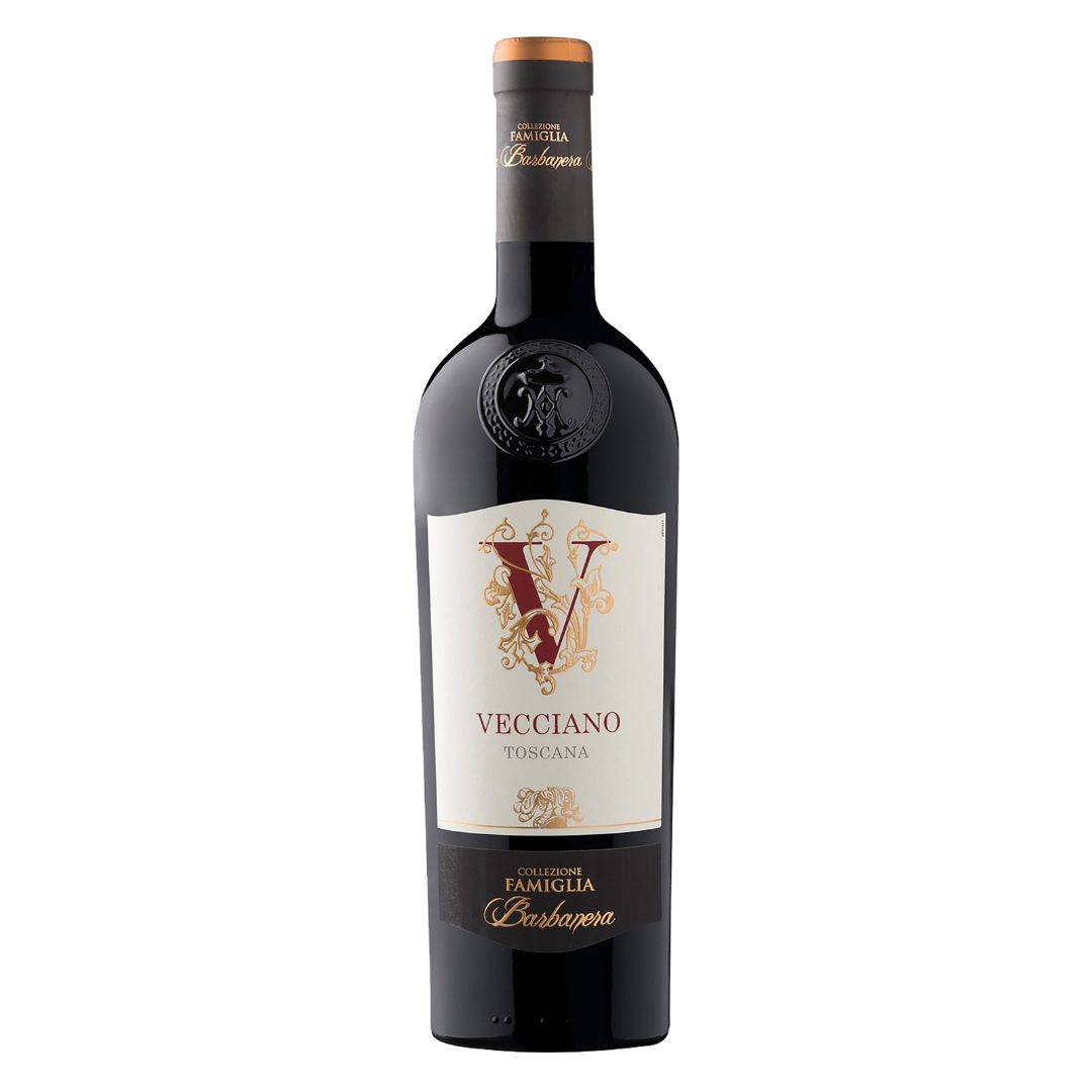Garrafa do vinho tinto italiano Vecciano Toscana Rosso IGT Barbanera Duca di Saragnano em fundo branco, com destaque para o rótulo da Tenuta Vecciano em Monte Cetona, Toscana.
