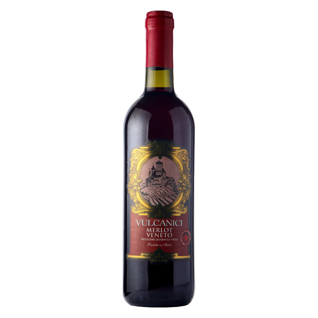 Garrafa do vinho tinto italiano Vulcanici Merlot Veneto IGT 750ml em fundo branco, destacando o rótulo frontal.