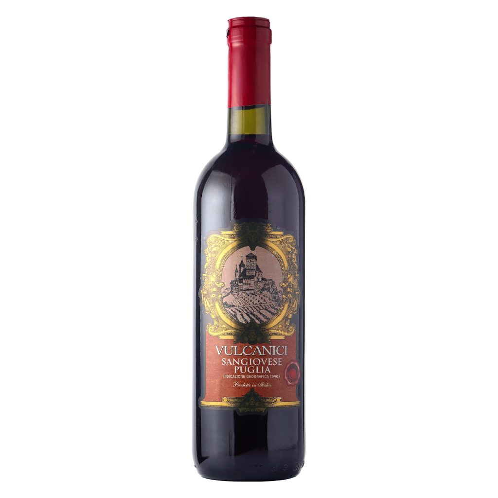 Garrafa do vinho tinto italiano Vulcanici Sangiovese Puglia IGT 750ml em fundo branco, destacando o rótulo frontal.