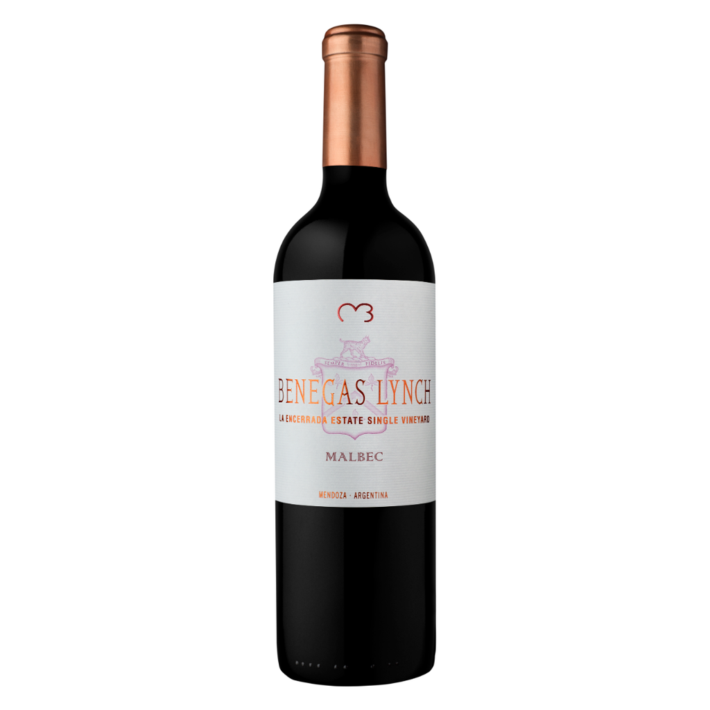 Garrafa do vinho tinto argentino Benegas Lynch Malbec, 100% Malbec Single Vineyard da Finca La Encerrada a 1.450m de altitude em Gualtallary, Vale do Uco, Mendoza, 95 pontos James Suckling, 18 meses em barrica nova, pela Bodega Benegas, em fundo branco.