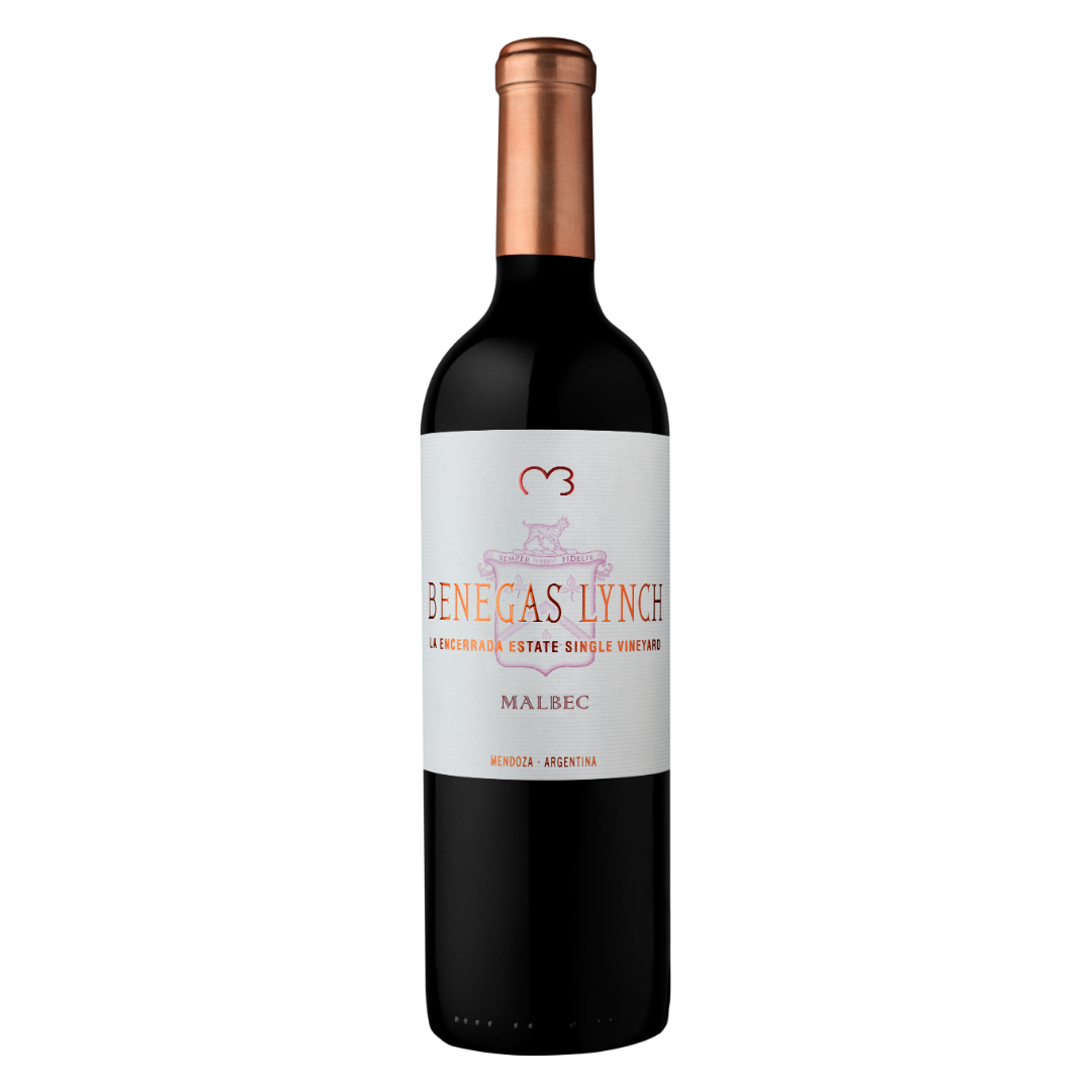 Garrafa do vinho tinto argentino Benegas Lynch Malbec, 100% Malbec Single Vineyard da Finca La Encerrada a 1.450m de altitude em Gualtallary, Vale do Uco, Mendoza, 95 pontos James Suckling, 18 meses em barrica nova, pela Bodega Benegas, em fundo branco.