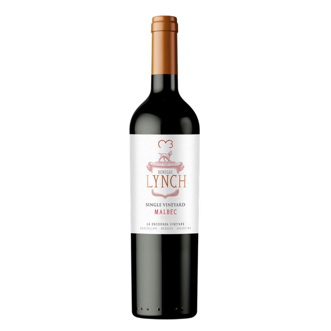 Garrafa do vinho tinto argentino linha Lynch Malbec 2021, 100% Malbec Single Vineyard da Finca La Encerrada a 1.450m em Gualtallary, Vale do Uco, Mendoza, 95 pontos James Suckling, em fundo branco com destaque para o rótulo frontal.