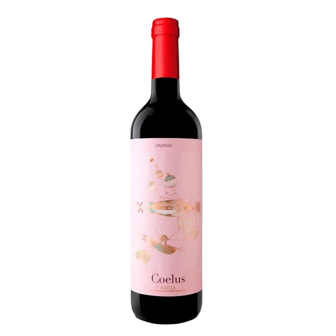 Garrafa do vinho tinto Coelus Crianza Tempranillo 750ml da Yllera Bodegas & Viñedos, da D.O. Rioja, Espanha, em fundo branco com destaque para o rótulo frontal.