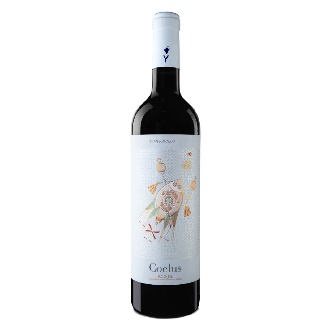 Garrafa do vinho tinto Coelus Joven Tempranillo 750ml da Yllera Bodegas & Viñedos, da D.O. Rioja, Espanha, em fundo branco com destaque para o rótulo frontal.