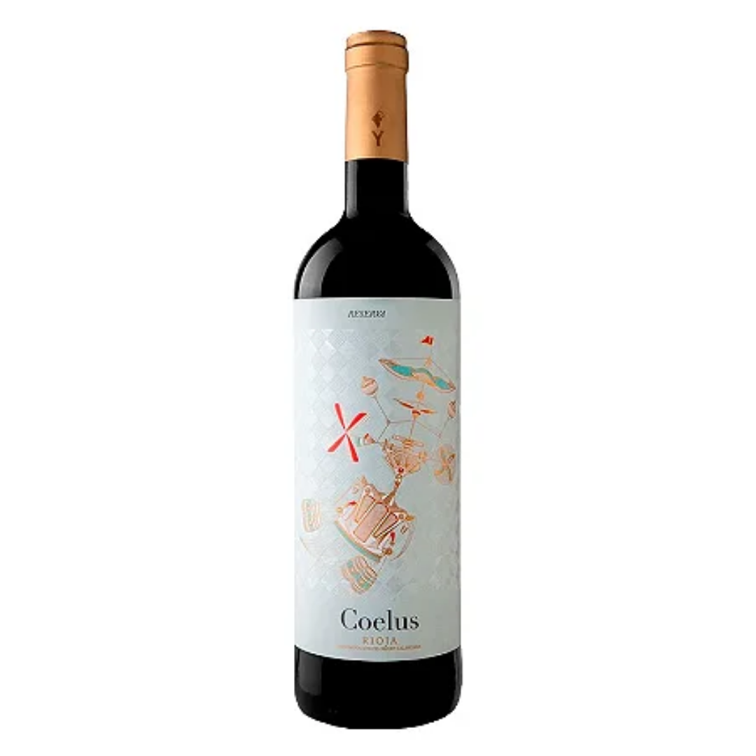 Garrafa do vinho tinto Coelus Reserva Blend 750ml da Yllera Bodegas & Viñedos, da D.O. Rioja, Espanha, em fundo branco com destaque para o rótulo frontal.