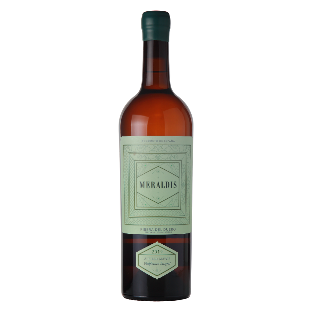 Garrafa do vinho branco Meraldis Verdejo Vinificación Integral 750ml da Yllera Bodegas & Viñedos, da D.O. Rueda, Espanha, em fundo branco com destaque para o rótulo frontal.