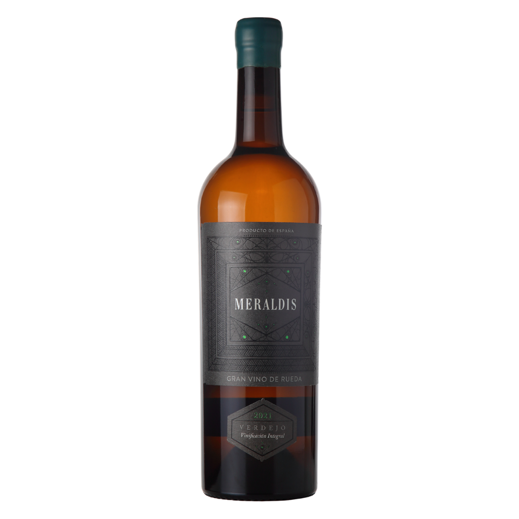 Garrafa do vinho branco Meraldis Verdejo Vinificación Integral 750ml da Yllera Bodegas & Viñedos, da D.O. Rueda, Espanha, em fundo branco com destaque para o rótulo frontal.