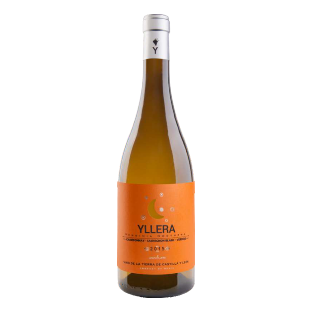 Garrafa do vinho branco Yllera Vendimia Nocturna Chardonnay 750ml da Yllera Bodegas & Viñedos, de Castilla y León, Espanha, em fundo branco com destaque para o rótulo frontal.
