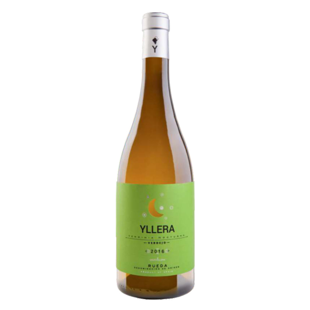 Garrafa do vinho branco Yllera Vendimia Nocturna Verdejo 750ml da Yllera Bodegas & Viñedos, da D.O. Rueda, Espanha, em fundo branco com destaque para o rótulo frontal.